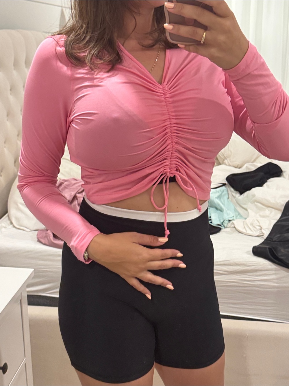 Ruched Drawstring Long-Sleeve Crop Top - Pink sport werar
